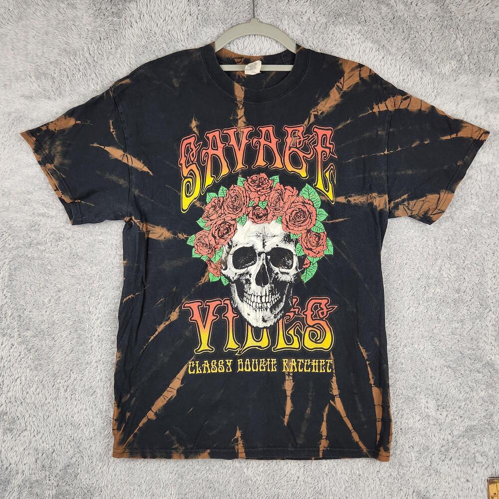 Savage Vibes Shirt Mens Medium Black Skull Roses Tie Dye Graphic Streetwear Logo
